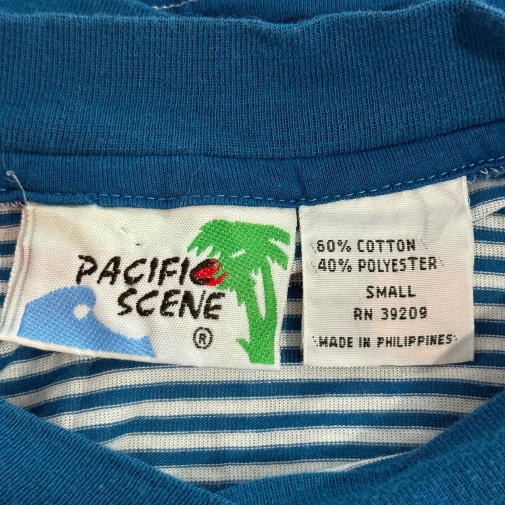VTG Pacific Scene Blue White Striped Shirt Mens S 80s 90s Surf Coast Skate Retro - Picture 5 of 8